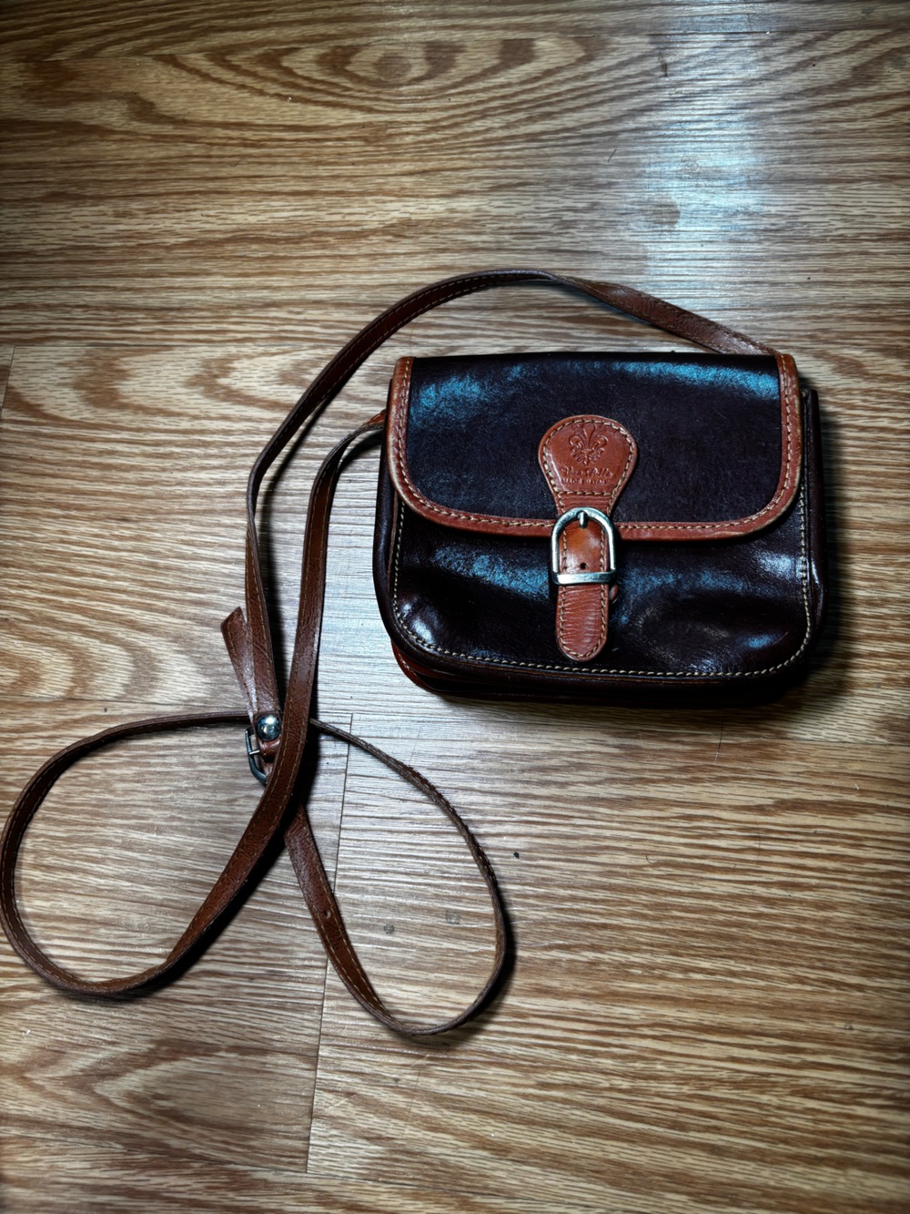Vera Pelle Two-Tone Brown Leather Crossbody with Tan Buckle Strap